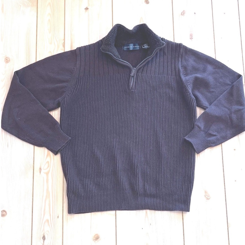 Oscar de la Renta Mens Quarter Zip Sweater Brown Ribbed Sherpa Large Cotton Knit